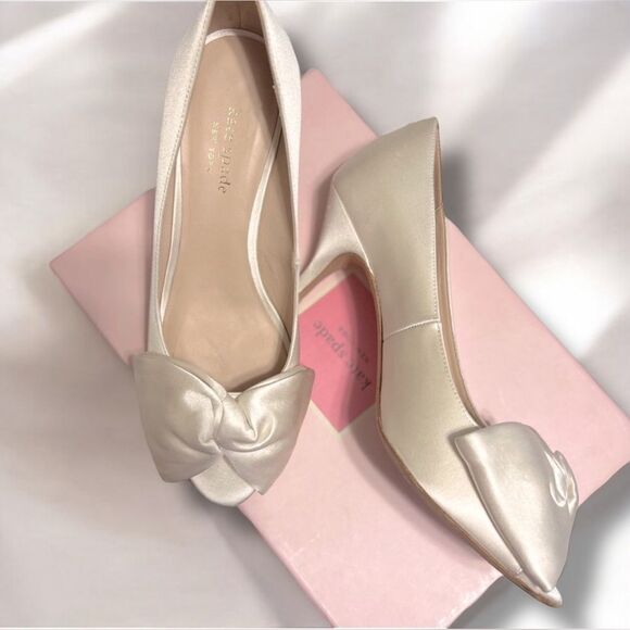 KATE SPADE NEW YORK Crawford Peep Toe Pump White Ivory Satin Evening Shoes 6.5 - Picture 8 of 11